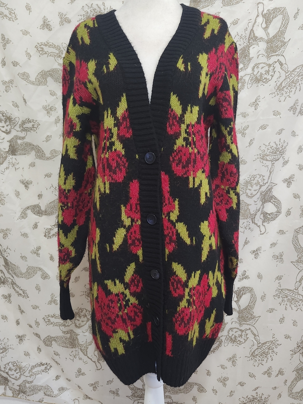 Urban Outfitters Black Cardigan with Red and Olive Floral Pattern